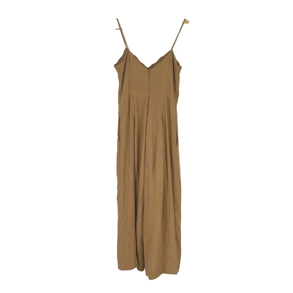 Free People Eileen Jumpsuit Wide Leg Lace Trim Tan Size 0 Boho Coastal Neutral‎